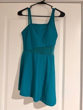 Teal Asymmetric Swim Dress with Mesh Panel